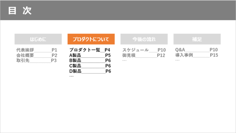 パワーポイント(PowerPoint)の目次デザインのシンプル4選 | 資料づくりぶろぐ